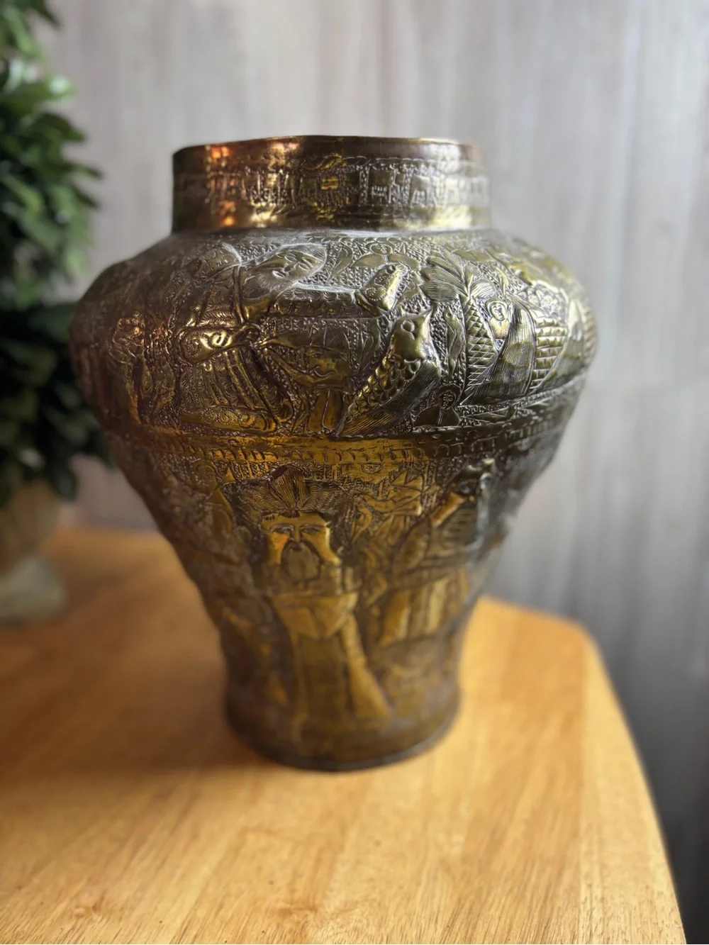 Vintage Hand-Etched Brass Vase with Elephant & Figural Motifs Boho Global Decor
